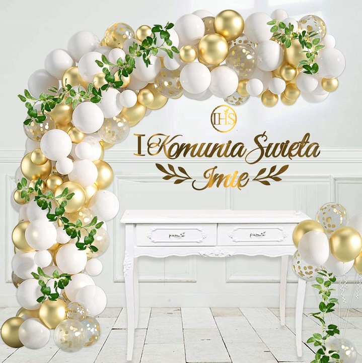 Balony dekoracje liście na KOMUNIĘ TOPPER + IMIĘ