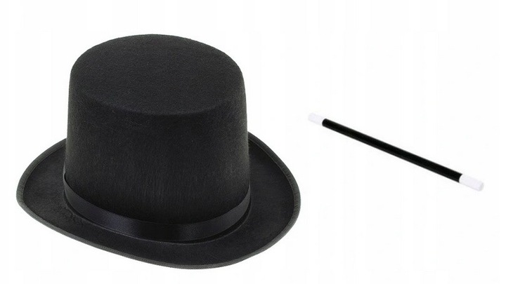 Kapelusz CYLINDER Maga magika czarny + różdżka Czarodziej Magik