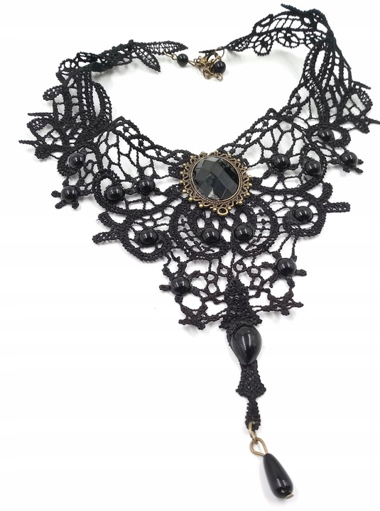 Naszyjnik gotycki koronkowy czarny choker kamień