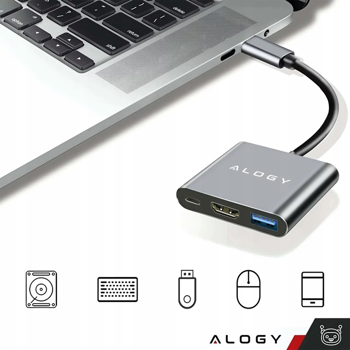 Adapter Przejściówka ALOGY 3w1 MHL HUB USB C HDMI PD do MacBook Samsung