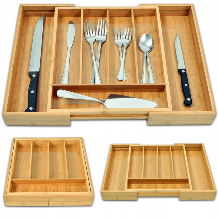 WKŁAD DO SZUFLADY NA SZTUĆCE BAMBUSOWY DREWNIANY ORGANIZER ROZSUWANY