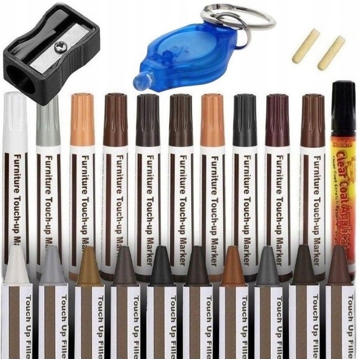 ZESTAW DO NAPRAWY PANELI MEBLI 27 sztuk MARKERY WOSKI + LAKIER UV