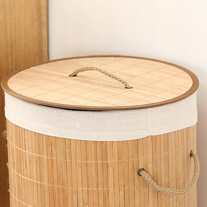OKRĄGŁY KOSZ NA PRANIE BIELIZNĘ BAMBUSOWY ZAMYKANY SKŁADANY POJEMNY