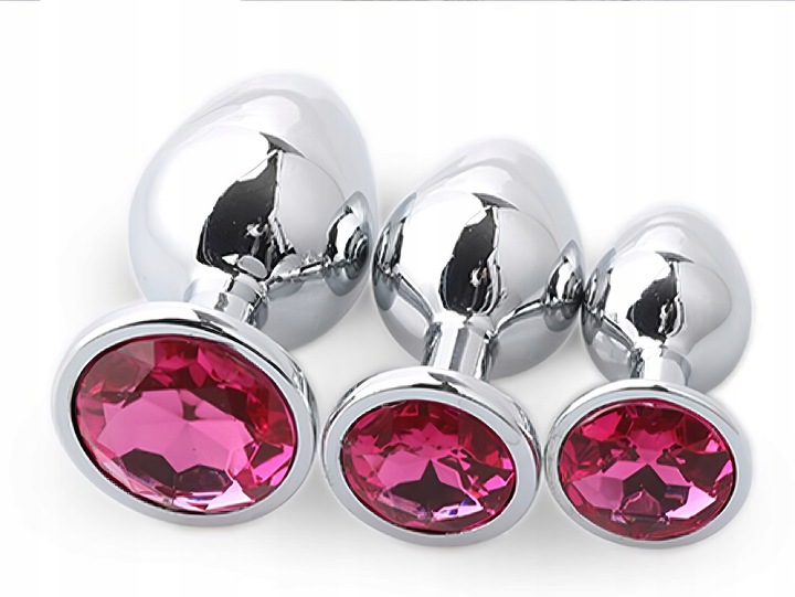 Zestaw 3 Metalowych Korków Analnych z Różowym Kryształem – Rozmiary S, M, L