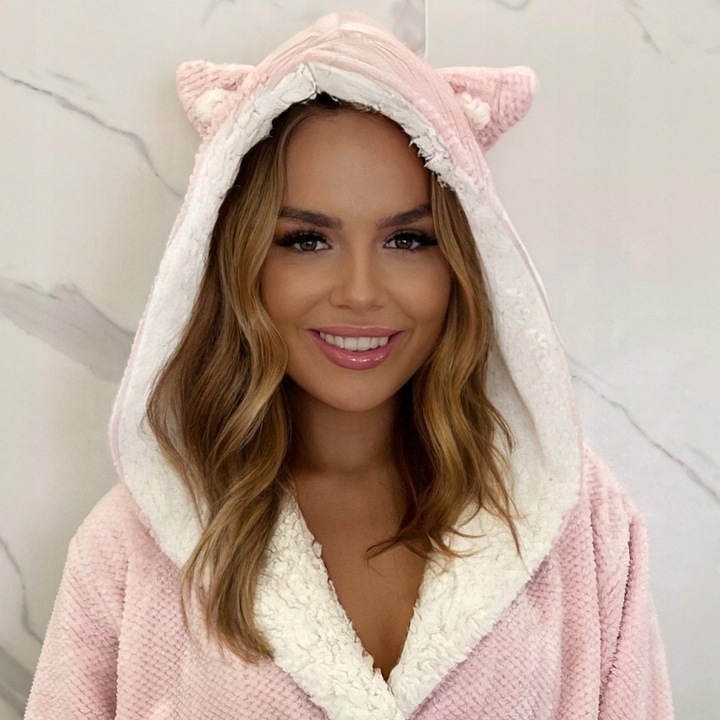 Szlafrok Damski Ciepły Miękki Gruby z Kapturem Uroczy Polarowy M Różowy