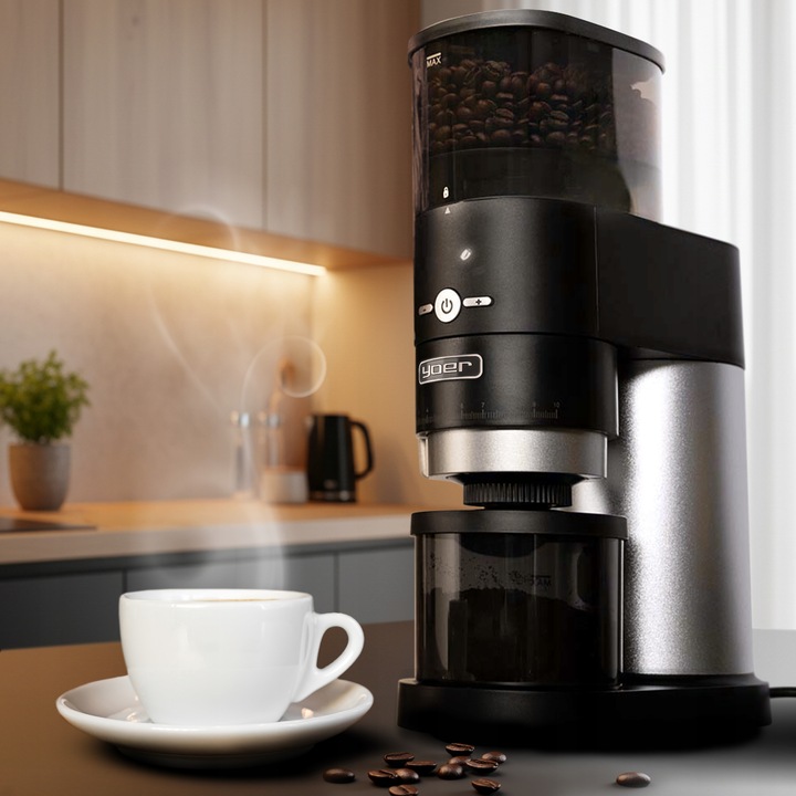 Żarnowy elektryczny młynek kawy Yoer 350W automatyczny +43 Poziomy