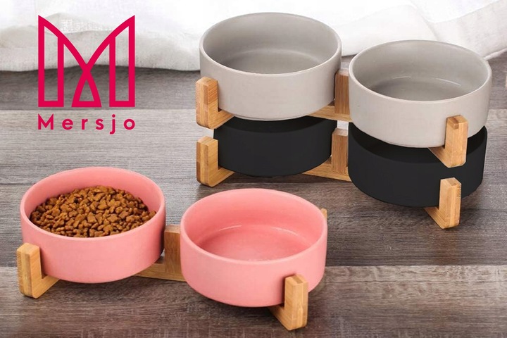 MISKA CERAMICZNA PODWÓJNA DLA PSA I KOTA 2 MISKI DREWNIANA PODSTAWA 2x400ml