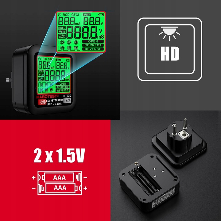 TESTER NAPIĘCIA GNIAZDEK SIECIOWYCH ELEKTRYCZNYCH WYŚWIETLACZ LCD TEST RCD