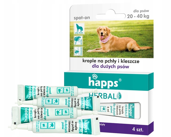 KROPLE NA PCHŁY KLESZCZE DLA DUŻYCH PSÓW (20-40KG) HAPPS DŁUGIE DZIAŁANIE