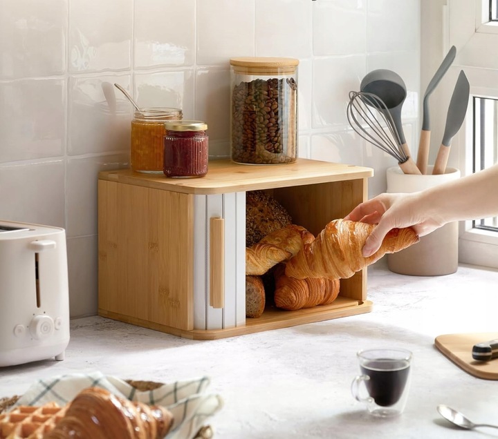 Bambus Chlebak Drewno Pojemnik Na Chleb Pieczywo 33x23 BIAŁE DRZWICZKI