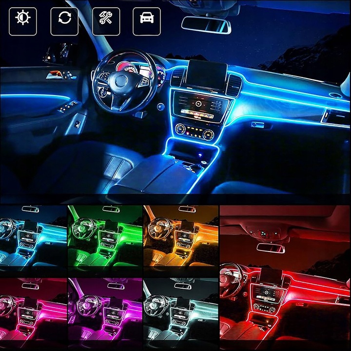 ŚWIATŁOWÓD EL WIRE LED RGB USB OŚWIETLENIE WNĘTRZA AUTA KABINY SAMOCHODU 4m