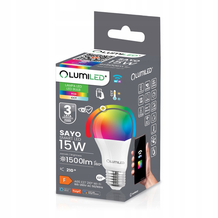 Żarówka LED E27 A65 15W=100W TUYA RGB Ściemnialna Inteligentna WiFi