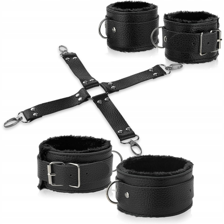 ZESTAW DO KRĘPOWANIA - KAJDANKI NA RĘCE I NOGI Z PASKAMI ŁĄCZĄCYMI - BDSM