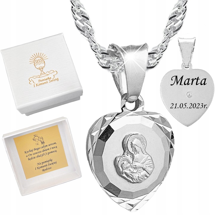 SREBRNY ŁAŃCUSZEK MEDALIK KOMUNIJNY MATKA BOSKA KOMUNIA CHRZEST SREBRO 925