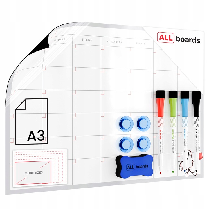 Tablica na lodówkę A3 Planer miesięczny magnetyczny suchościeralny + GRATIS