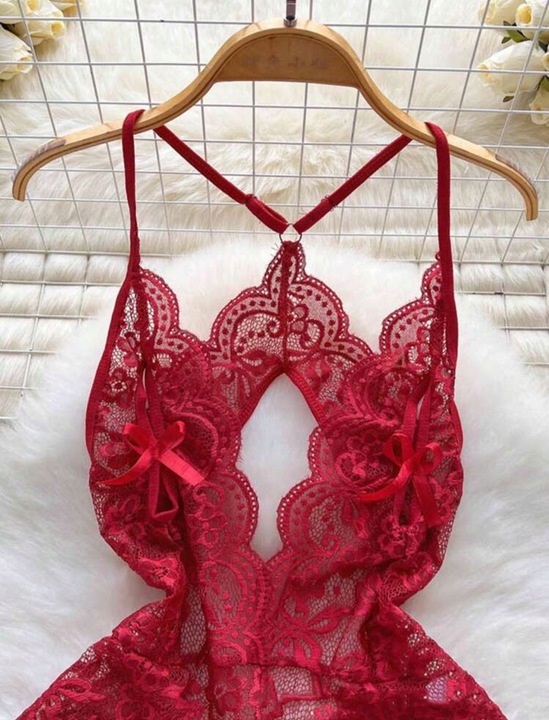 BORDOWE CZERWONE EROTYCZNE BODY KORONKOWE OTWARTYM KROKIEM DZIURKĄ 38 M/L