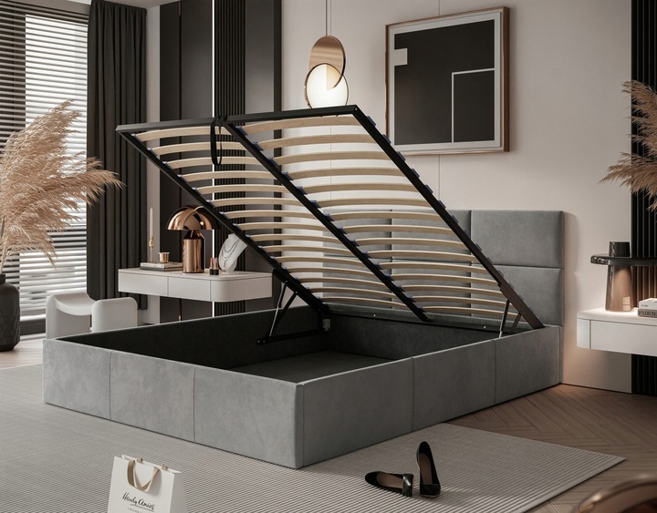 ŁOŻKO TAPICEROWANE PORTO Z PODNOSZONYM STELAŻEM POJEMNIKIEM POŚCIEL 180x200