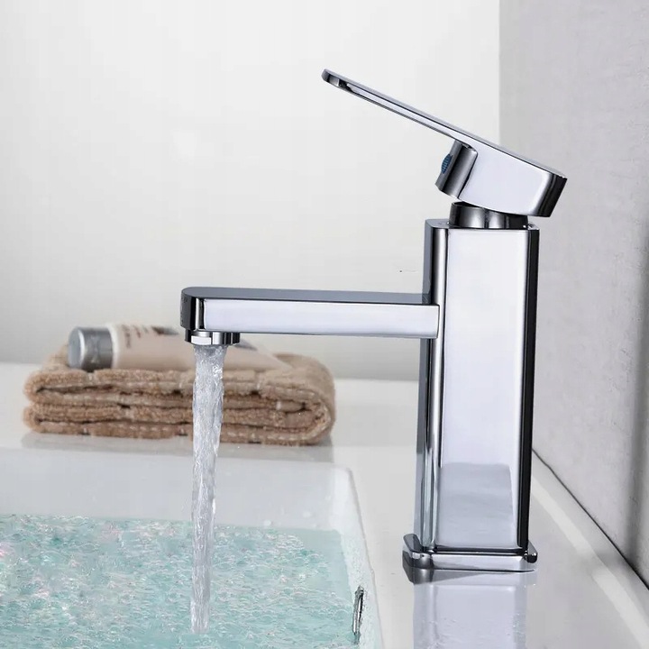 BATERIA ŁAZIENKOWA UMYWALKOWA KRAN STOJĄCA KWADRAT DO UMYWALKI CUBE CHROM