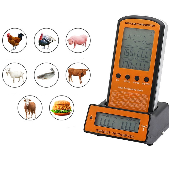 BEZPRZEWODOWY TERMOMETR DO GRILLA WĘDZARNI 2 SONDY CZYTELNY WYŚWIETLACZ LCD