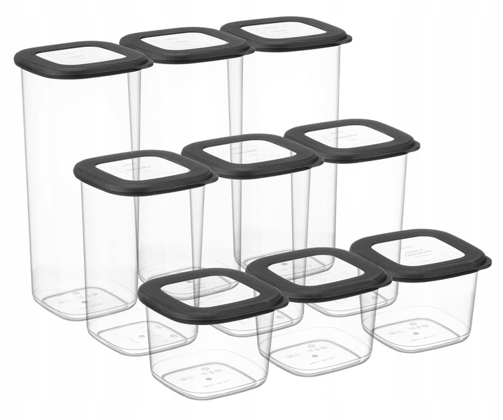 Pojemniki na żywność kwadratowe zestaw 3x550ml/3x1,2L/3x1,7L+30 etykiety A