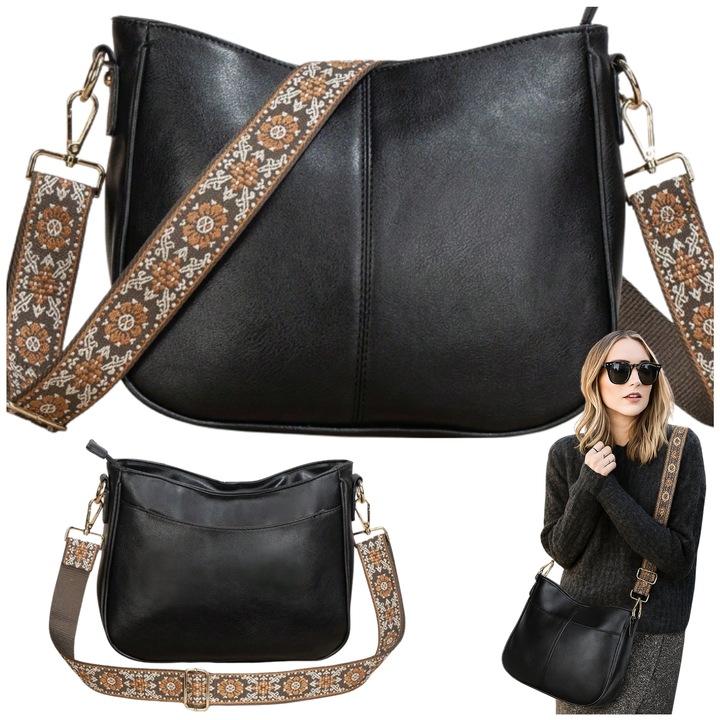 TOREBKA DAMSKA TORBA NA RAMIĘ SKÓRZANA MIEJSKA POJEMNA CZARNA