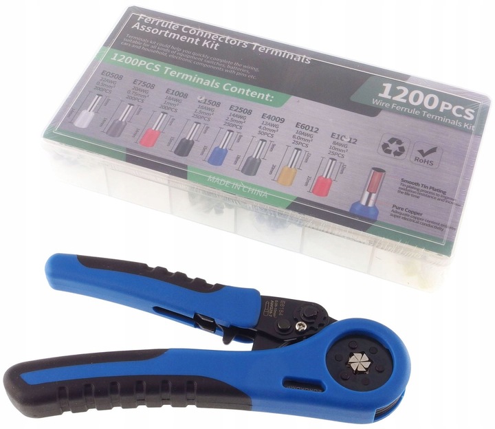 Zestaw tulejek, końcówek kablowych izolowanych 1200szt + zaciskarka Do