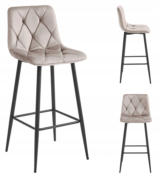 Hoker Krzesło Tapicerowane Barowe Wysokie do Wyspy Welurowe Beżowe