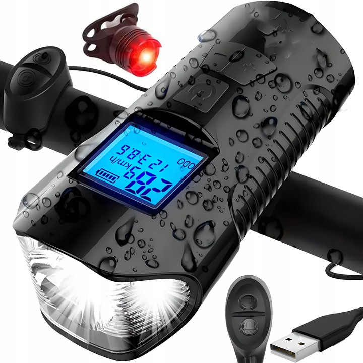 LAMPKA ROWEROWA LED LICZNIK KM PRĘDKOŚCIOMIERZ DZWONEK PRZÓD + TYŁ