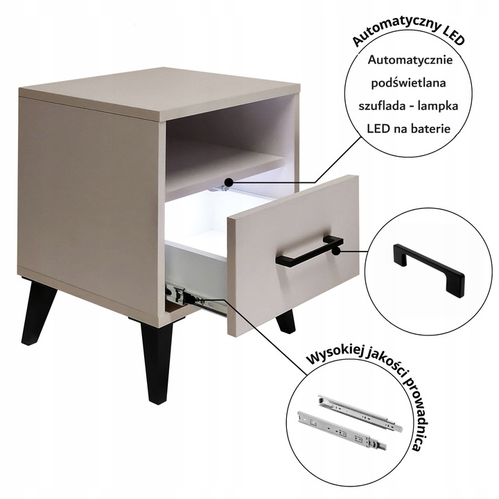 SZAFKA NOCNA KASZMIR BEŻOWY STOLIK NOCNY SZUFLADA LED Z PÓŁKĄ DO