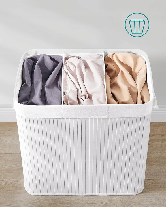 Kosz wolnostojący na pranie na bieliznę 150l biały bambusowy