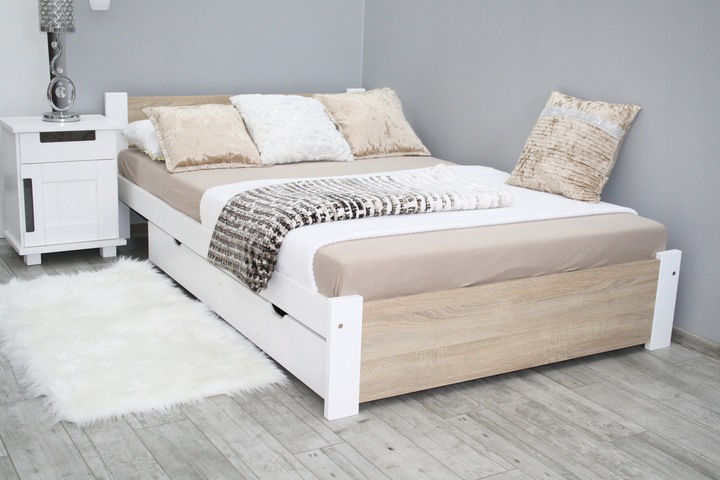 Łóżko 3D 140x200 białe + dąb sonoma stelaż masywne