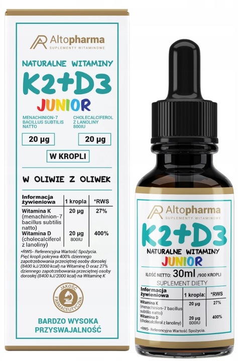 Altopharma Naturalne Witaminy K2 20µg + D3 20µg Junior Krople 30 ml