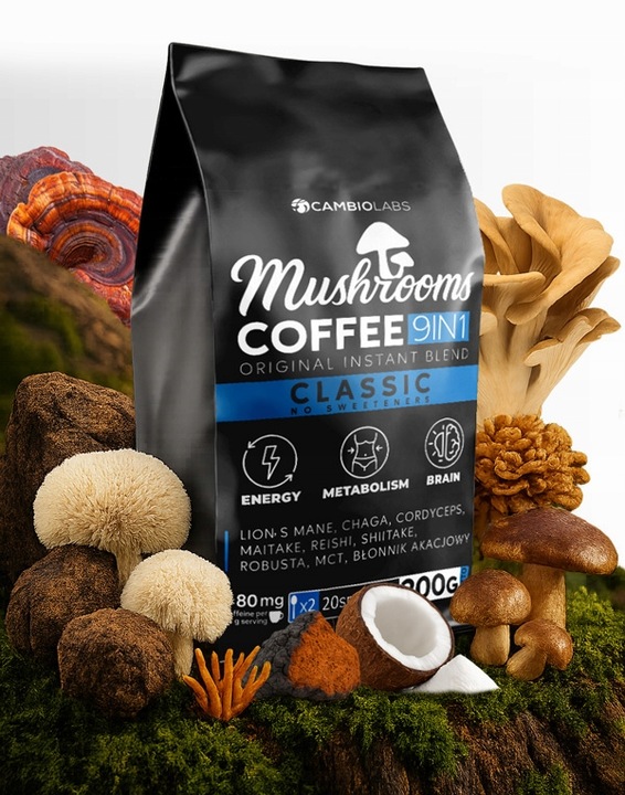 KAWA Z GRZYBÓW 9 w 1 Lions Mane Cordyceps Chaga Reishi MCT Błonnik