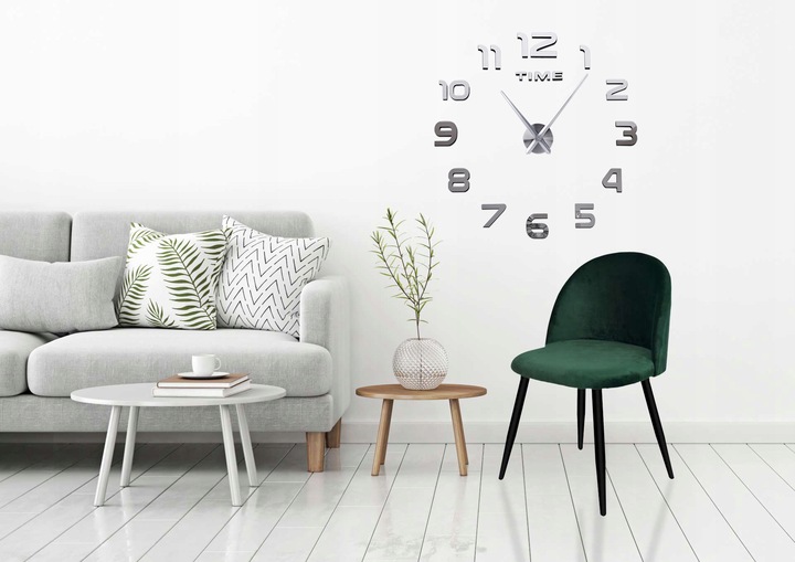 ZEGAR NAKLEJANY DIY 3D DUŻY CICHY POŁYSK EFEKT LUSTRZANY SREBRNY 130