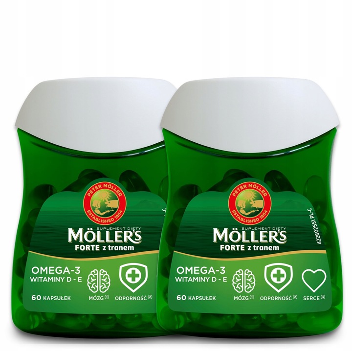 2x Möller’s Forte 60 kaps. TRAN odporność OMEGA-3 mózg serce WIT. D3 i E