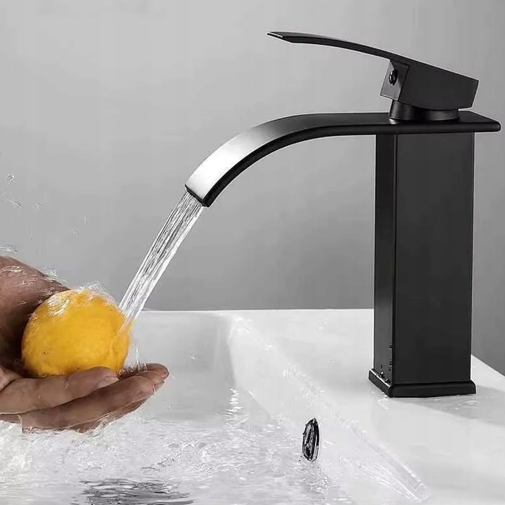 CZARNA BATERIA UMYWALKOWA STOJĄCA WODOSPAD CUBIC ŁAZIENKOWA KRAN UMYWALKI