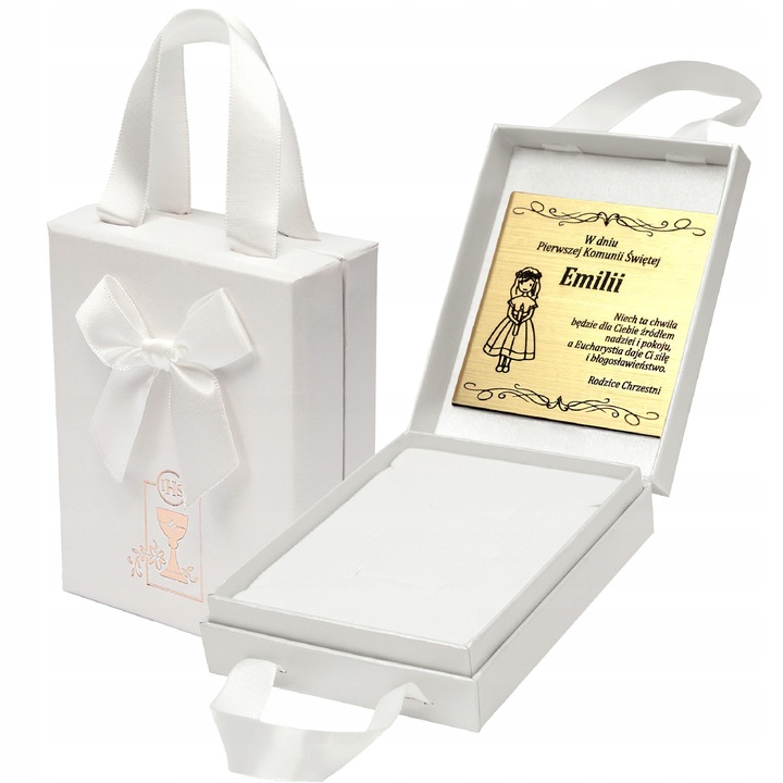 PAMIĄTKA KOMUNII ŚWIĘTEJ / ELEGANCKIE PUDEŁKO PREZENTOWE Z KOKARDĄ + GRAWER