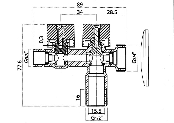 Zawór kulowy kombinowany do pralki i zmywarki trójnik 1/2" X 3/8" X 3/4"