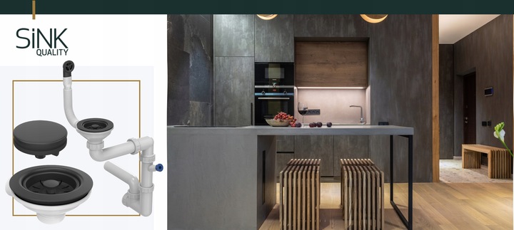 SYFON do ZLEWU jednokomorowego oszczedzajacy miejsce czarny PRZYSCIENNY 2w1