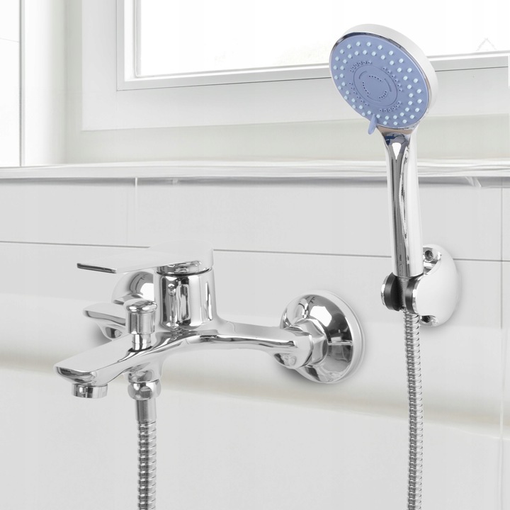 Bateria wannowa ścienna z prysznicem chrom srebrna słuchawka z wężem YOKA