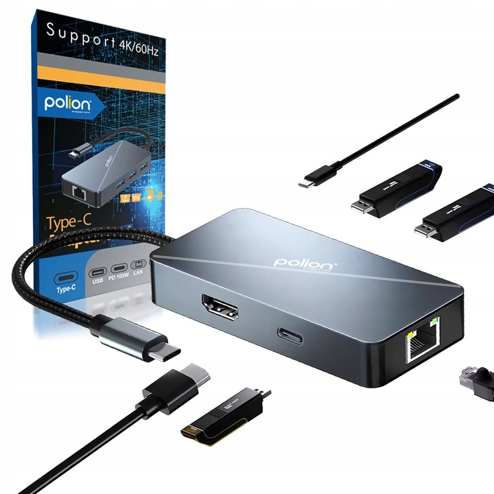 Adapter HUB 6w1 POLION USB-C przejściówka USB 3.2 PD HDMI 4K LAN 1Gb