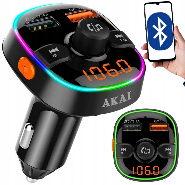 TRANSMITER FM DO SAMOCHODU BLUETOOTH LED USB AKAI FMT-52BT ŁADOWANIE QC 3.0