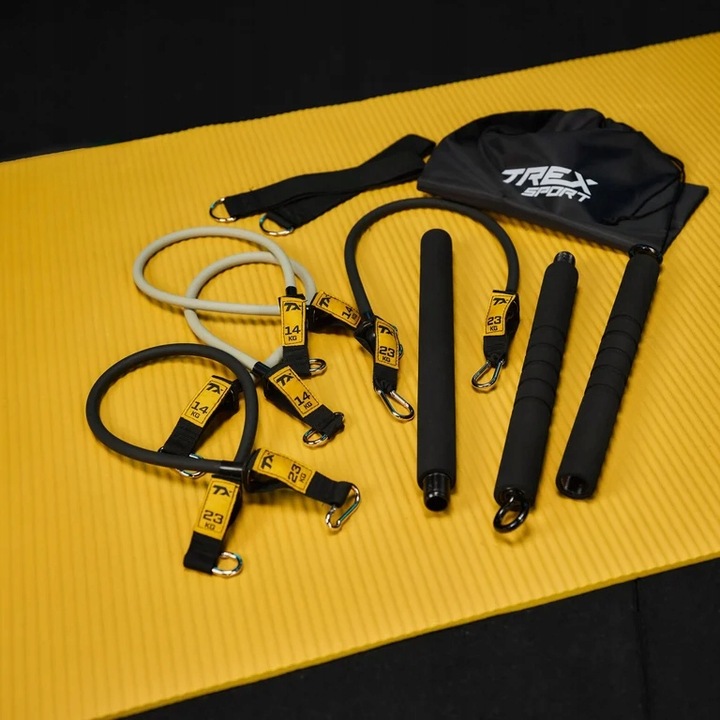 Drążek do ćwiczeń pilatesu kij 4x gumy oporowe ekspandery + etui Trex