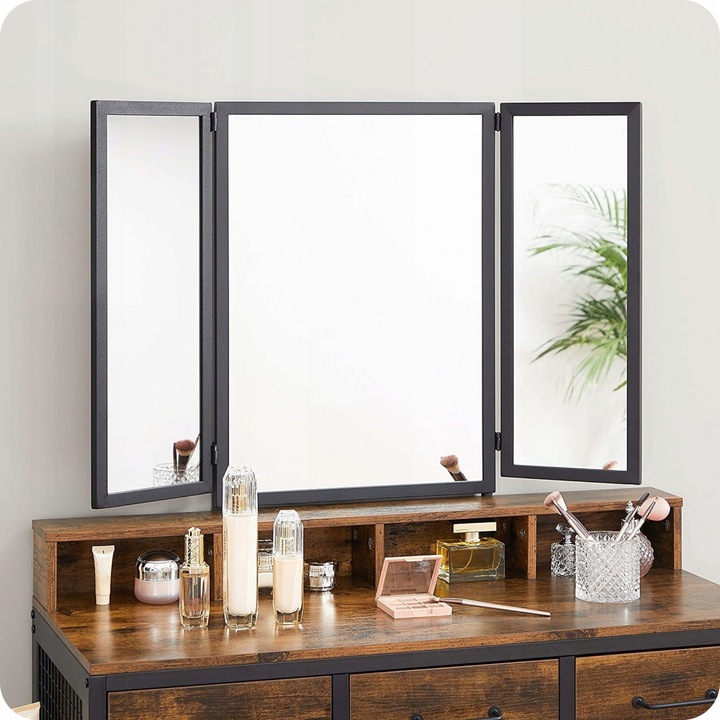 Toaletka z Lustrem Rustykalna Szuflady Taboret Zestaw Ciemny Brąz