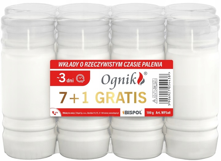 Wkłady do zniczy Bispol parafinowe 3 dni palenia wysokość 14,5 cm - 8 szt