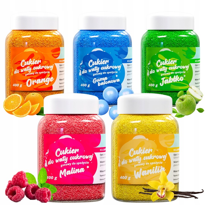 CUKIER KOLOROWY do waty cukrowej 5x400g smakowy MIX gratis 10szt