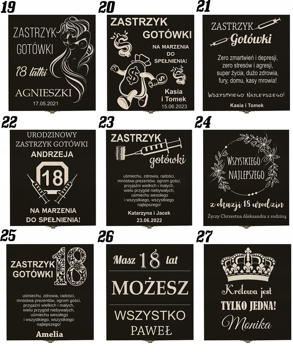 Zastrzyk gotówki prezent na urodziny 18 30 40 50 60 śmieszny pudełko grawer