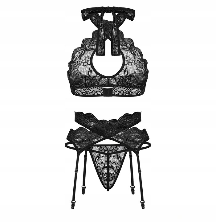 SEXY CZARNY KOMPLET STANIK PAS STRINGI POŃCZOCHY