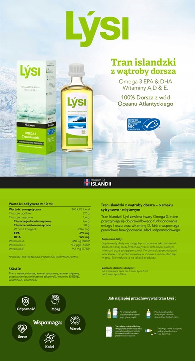 Lysi TRAN ISLANDZKI CYTRYNOWO MIĘTOWY Omega 3 EPA DHA WITAMINA A D E 240 ml