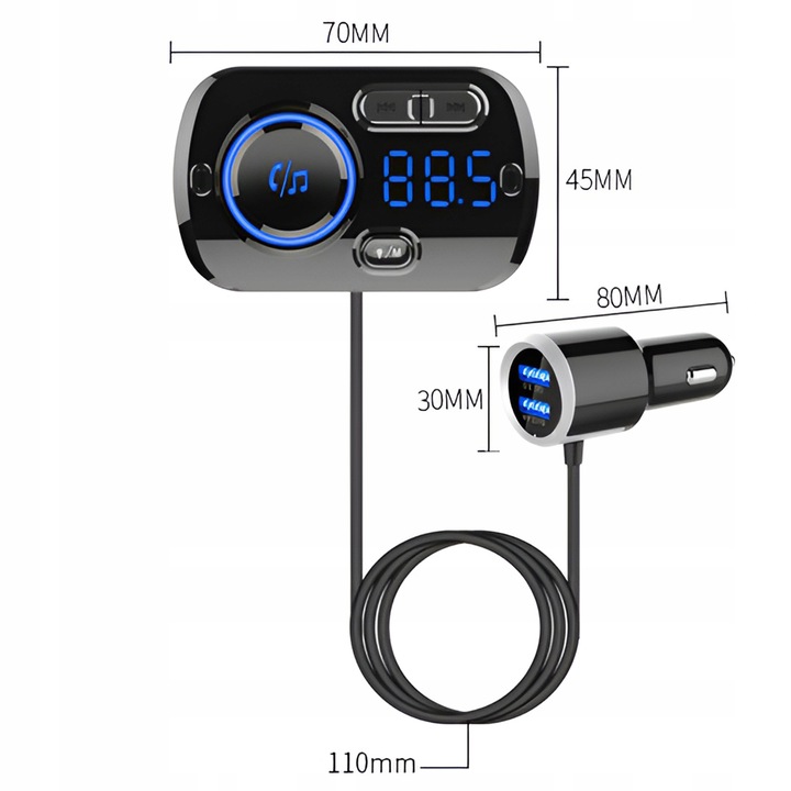 TRANSMITER BLUETOOTH FM SAMOCHODOWY 2X SZYBKA ŁADOWARKA USB-C AUX